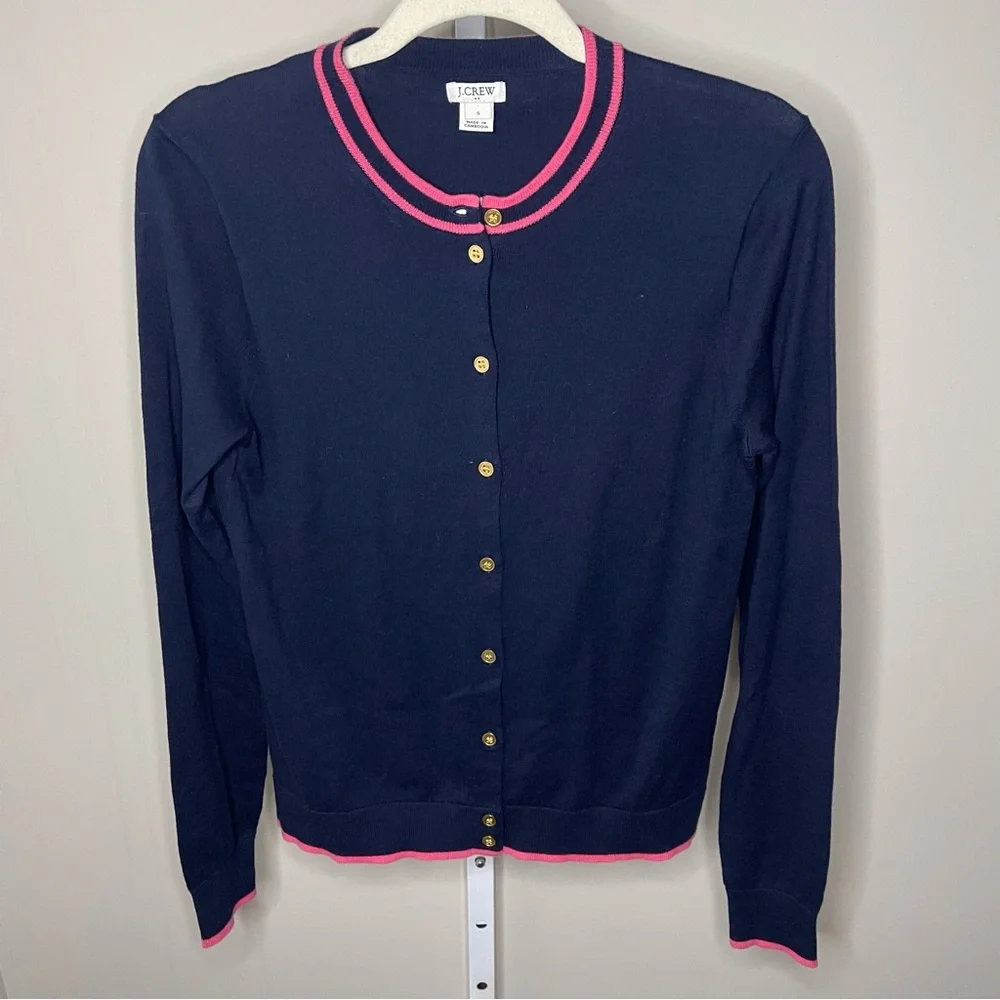 J.Crew Navy Blue Cardigan Pink Trim Gold Buttons Cotton Sweater Size Small